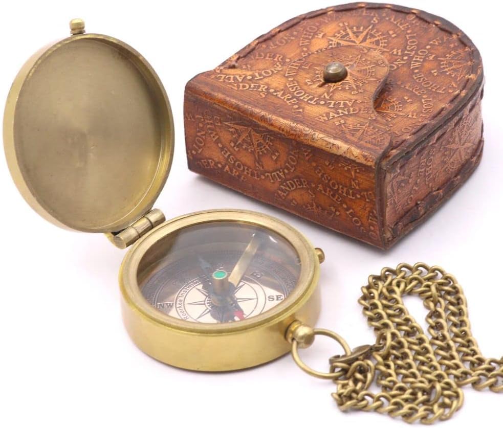 Brújula de latón portátil con estuche de cuero vintage miniatura 2