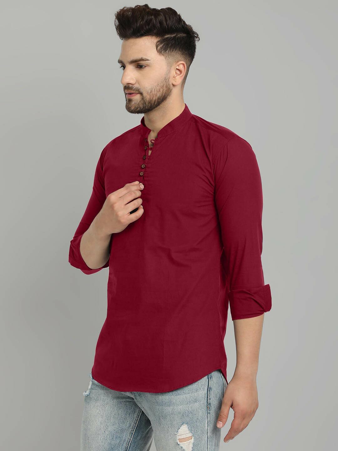 Royalscout Men's Cotton Blend Full Sleeve Short Kurta With Mandarin Collar Maroon