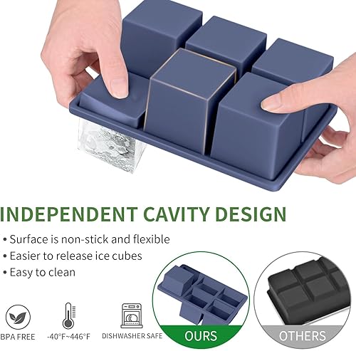 Vista 4 de Bandeja grande para cubitos de hielo para whisky: FDDBI Molde grande cuadrado para cubitos de hielo para cóctel - Paquete de 3 bandejas de silicona