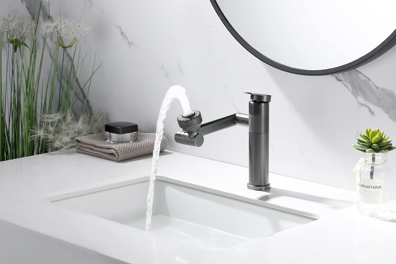 1080 Degree Swivel Bathroom Faucet Gun Grey Lavatory Basin Sink Faucet 1 Handle Big Angle Spray Aerator Spout Extender Universal 360° Rotating Arm Splash Filter 2 Water Outlet Modes