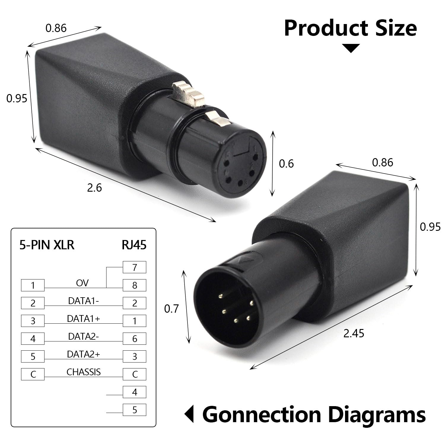Connettore DMX XLR maschio/femmina a 5 pin a RJ45, utilizzato per utilizzare cavi Ethernet CAT-5 come cavi DMX512, convertiti per l'uso in una varietà di scenari musicali e sonori (confezione