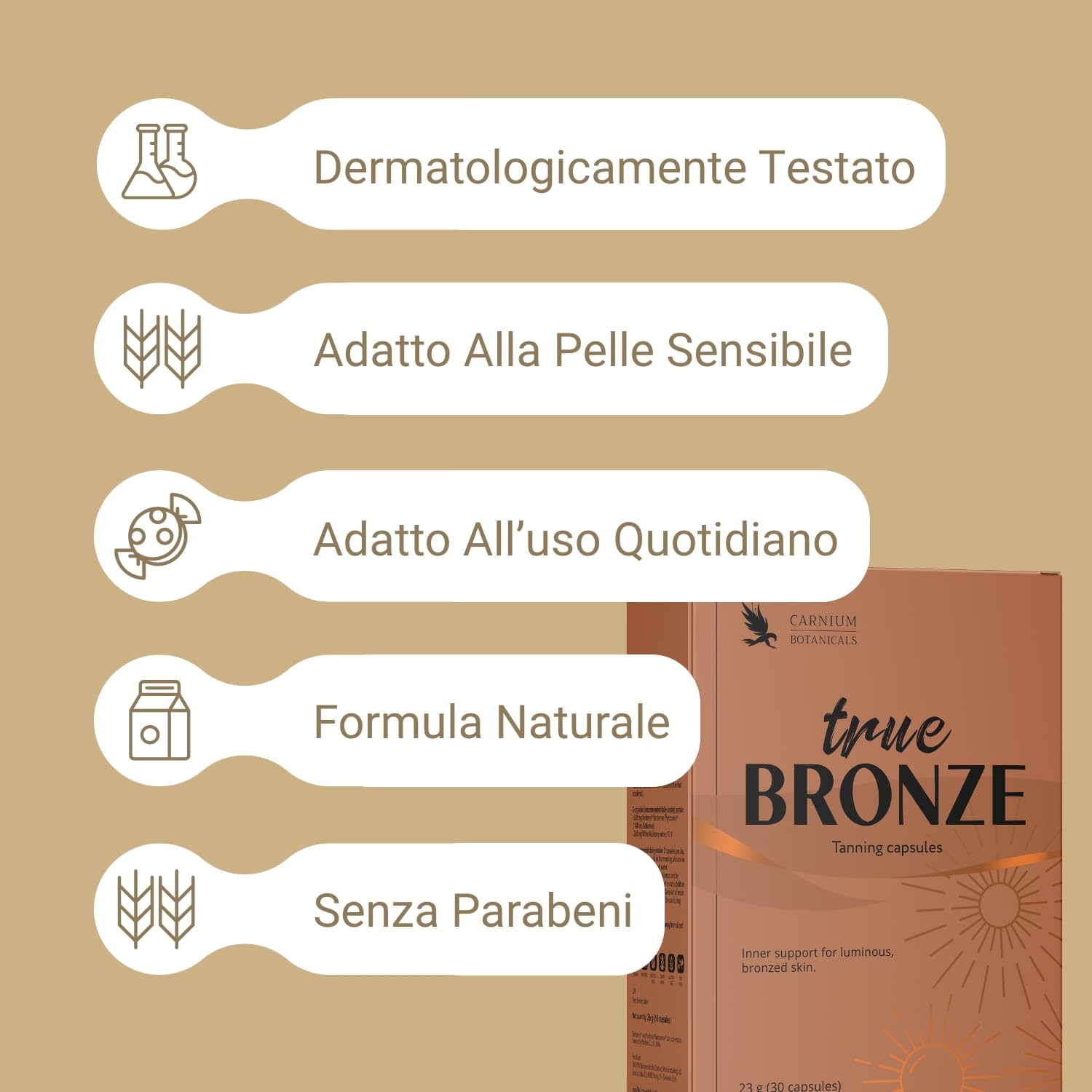 Carnium Botanicals True BRONZE – Bräunungskapseln, 30 Stück | Astaxanthin, Beta-Carotin, Vitamin A, Für Haut & Teint, Carotin Kapseln