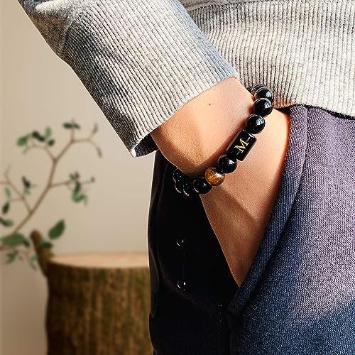 10MM Black Onyx Stone Initial Bracelet for Men Letter Link Handmade Tiger Eye Bead Braided Rope Bracelet Gifts Mens Bracelet (M)3
