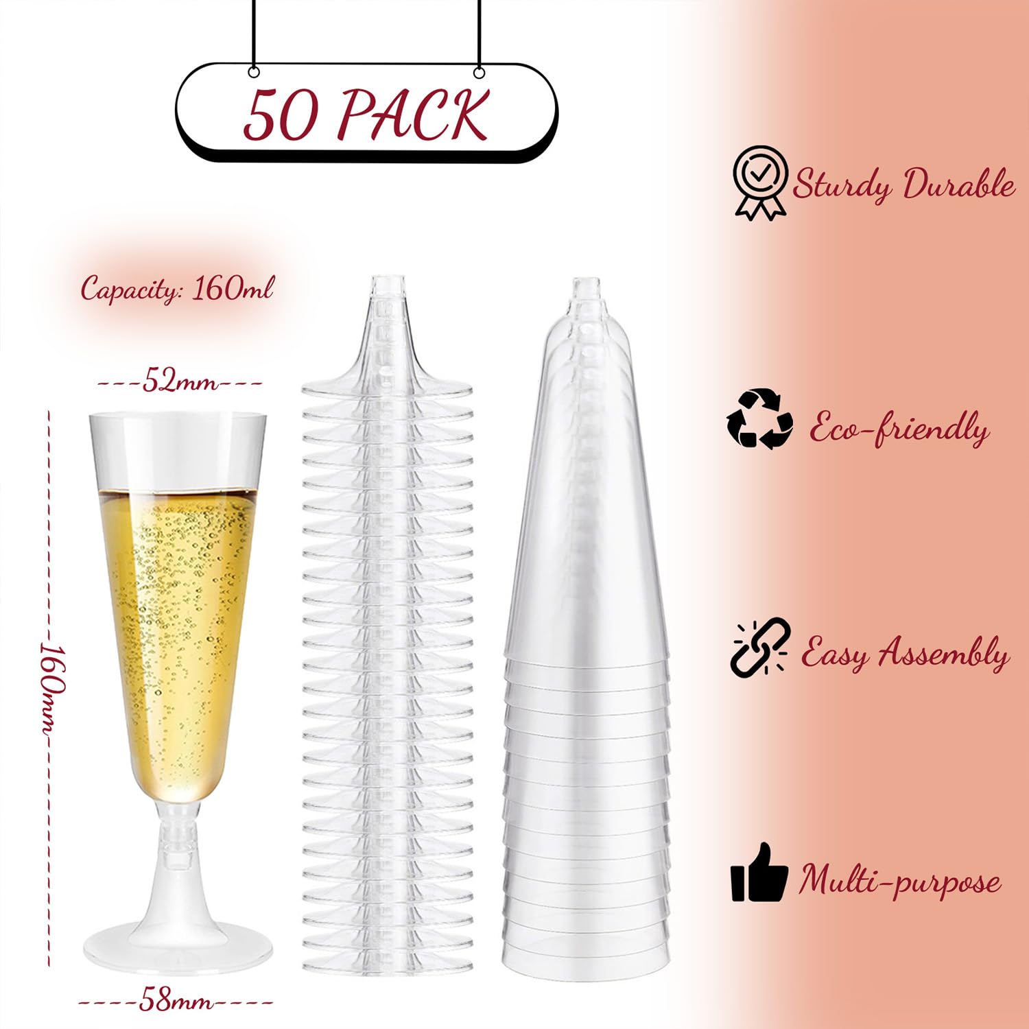 50 szt. Przezroczyste plastikowe kieliszki do szampana, 160ml/5oz wielokrotnego użytku szklanki do prosecco, wytrzymałe plastikowe kieliszki do szampana, eleganckie szklanki do wina na wesele