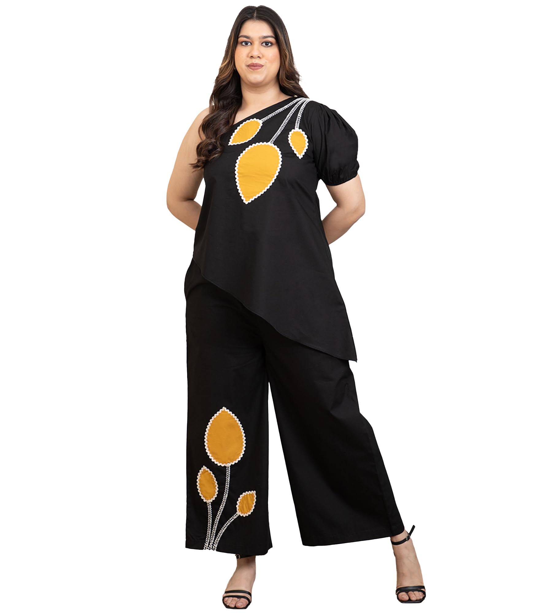 Cotton Tunic & Pants Women's Plus Size Co-Ord Set|One Shoulder Short Sleeves Regular Fit Long Length Summer Western Casual Wear Ladies Cord Set