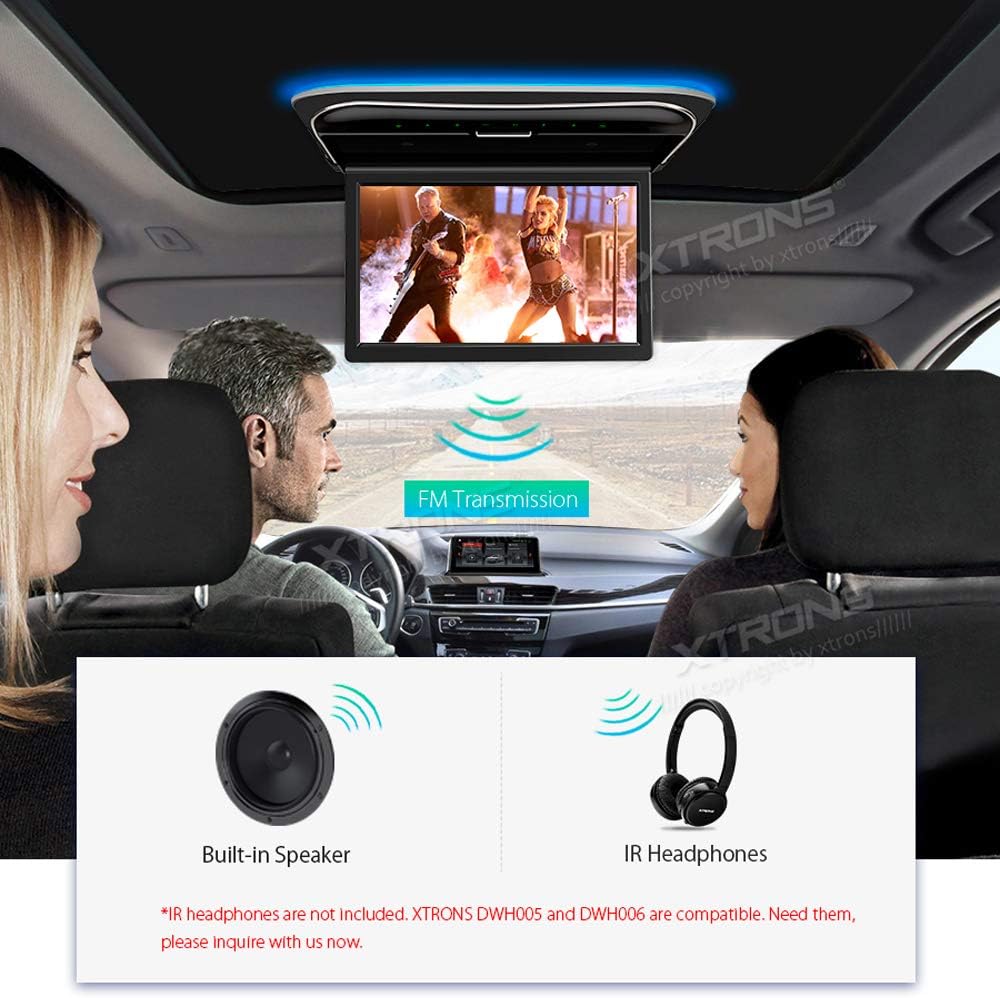 Image demonstrating audio output options, including built-in speakers and FM transmission, and compatibility with IR headphones (XTRONS DWH005 and DWH006).