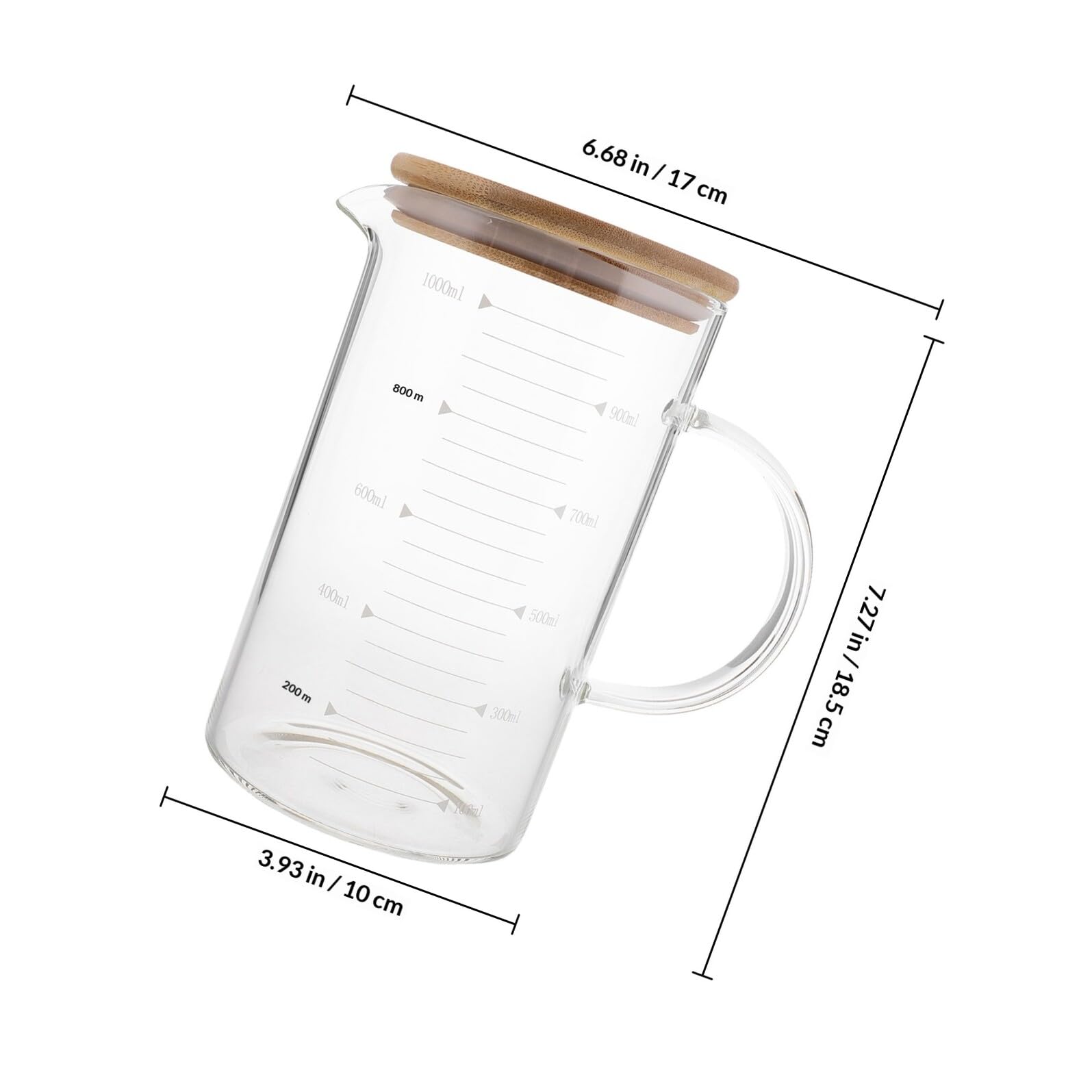 Jarra Medidora de Vidrio 1000 Ml con Tapa y Asa, Taza Medidora para Cocina con Graduación Precisa, Recipiente Medidor para Bebidas Frías y Calientes, Accesorios de Cocina