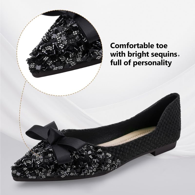 Women's Pointed Rhinestone Flat Shoes Glitter Flowers Wedding Comfortable Dress Shoes 8 Black4