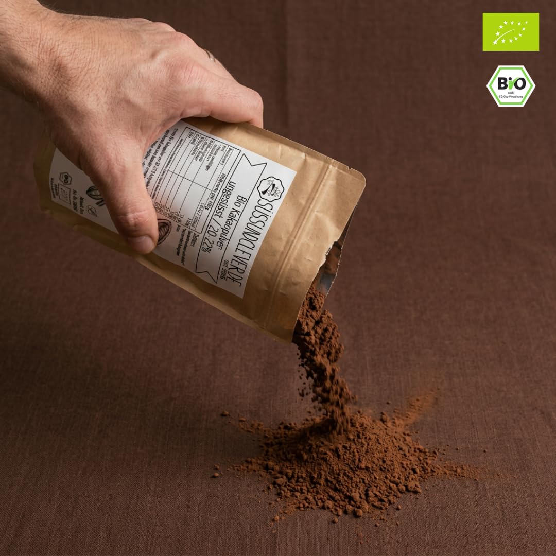 süssundclever.de® Bio Kakao Pulver | 1,0 kg | reines Kakaopulver | ungesüsst | schwach entölt 20-22% Fettanteil | ökologisch-nachhaltig abgepackt