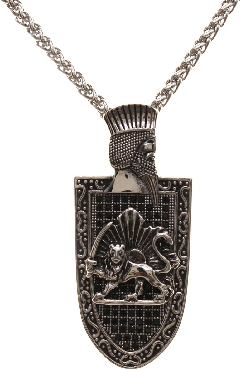Cyrus The Great Persian King Shield With Lion Sun Pendant Necklace Chain