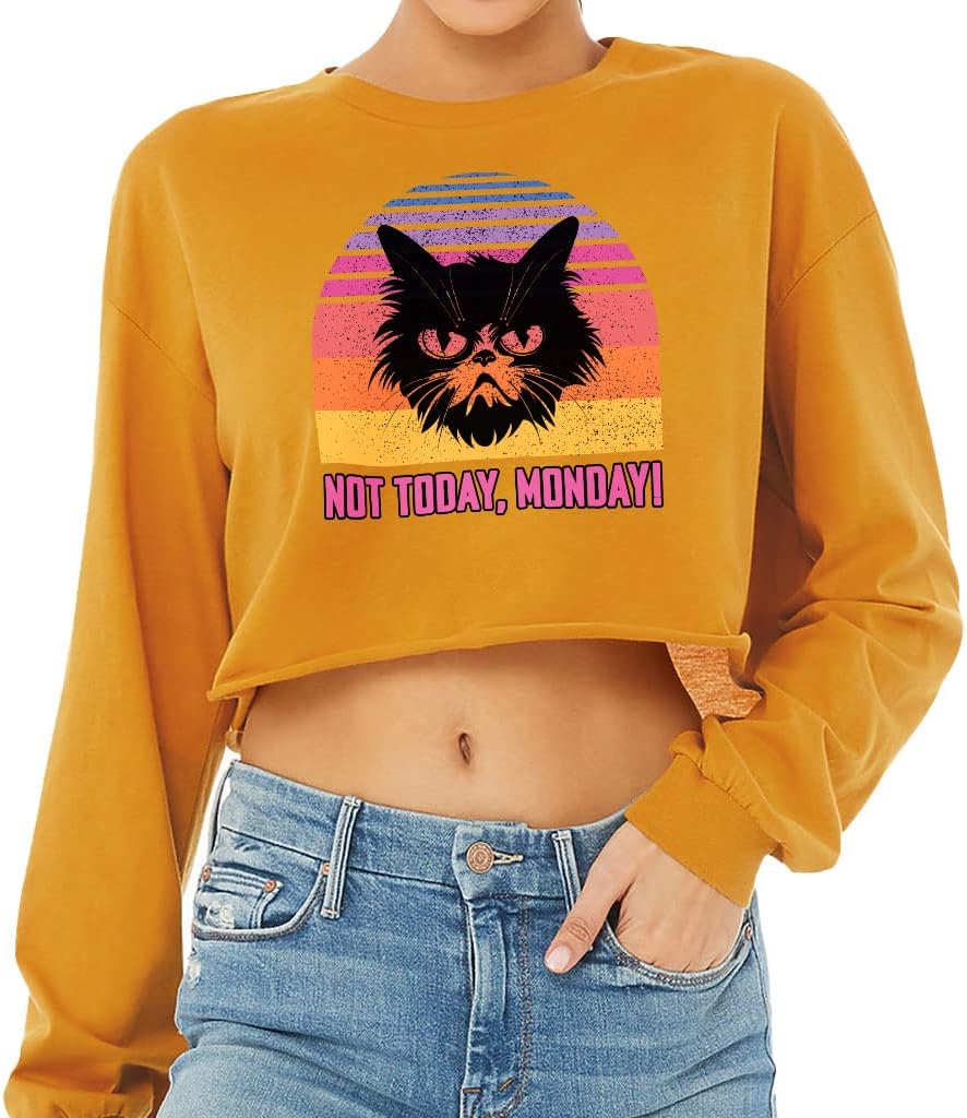 Not Today Monday Cropped Long Sleeve T-Shirt - Word Design Women's T-Shirt - Printed Long Sleeve Tee - Mustard, L