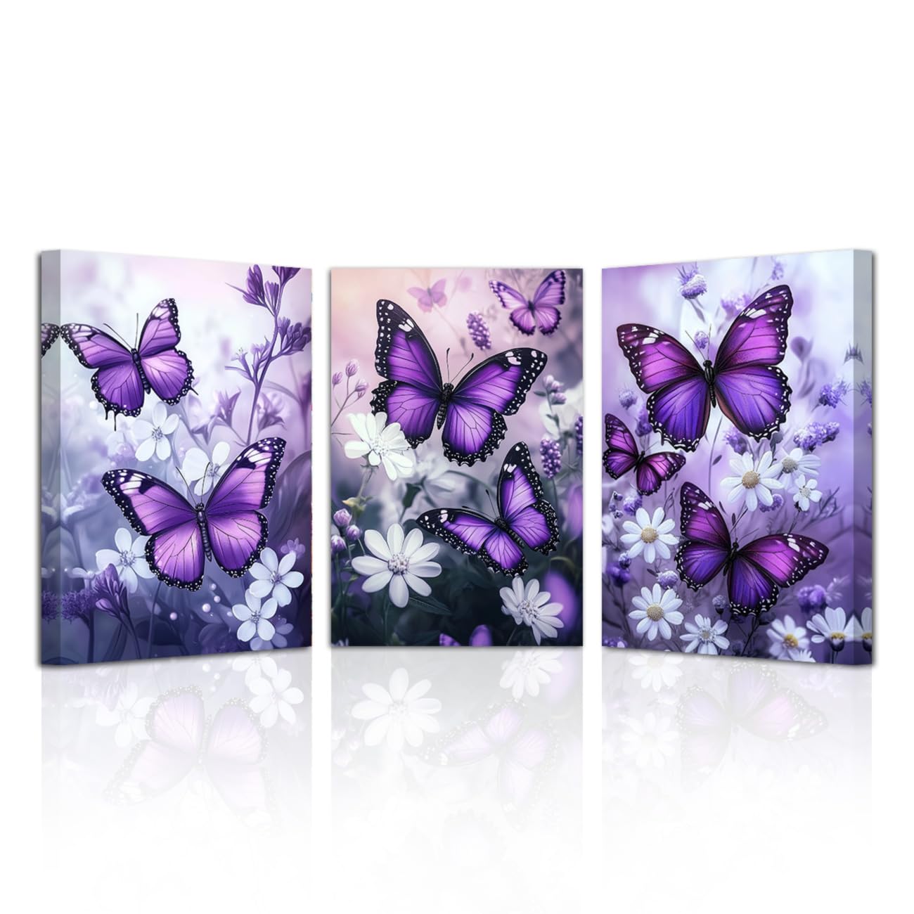 LZIMU Butterfly Canvas Wall Art 3 Pieces Butterflies with Flower Pictures Prints Framed Butterfly Wall Decor for Fantasy Girls Room (Purple, 16x24inchx3 Pieces)