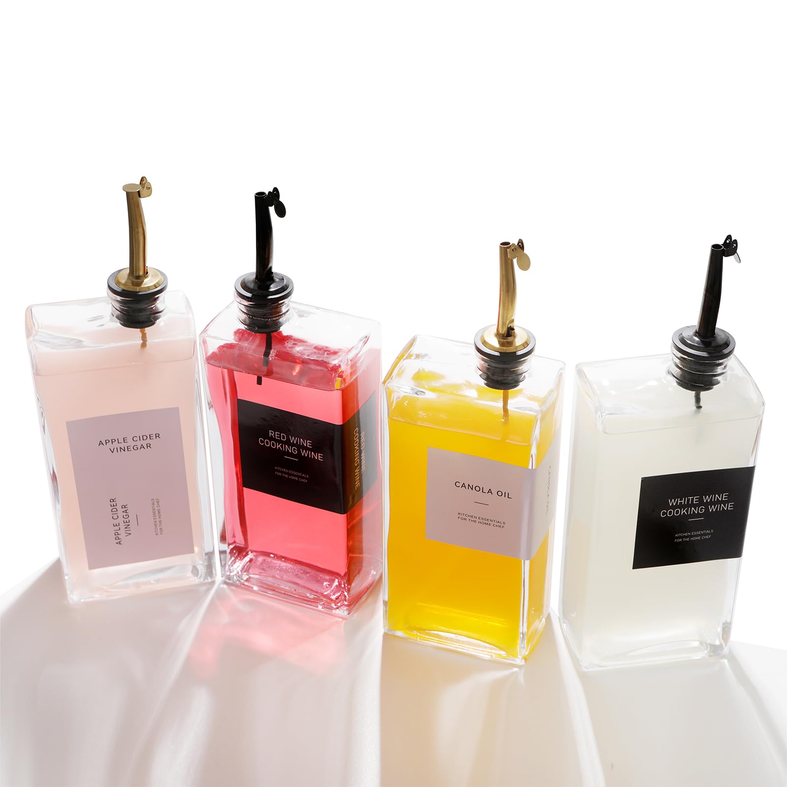 Hniuyun Lot de 4 bouteilles d'huile pour cuisine, 500 ml, distributeur d'huile d'olive, de vinaigre et de sirop de café avec bec anti-goutte, étiquettes étanches et entonnoir en silicone, doré