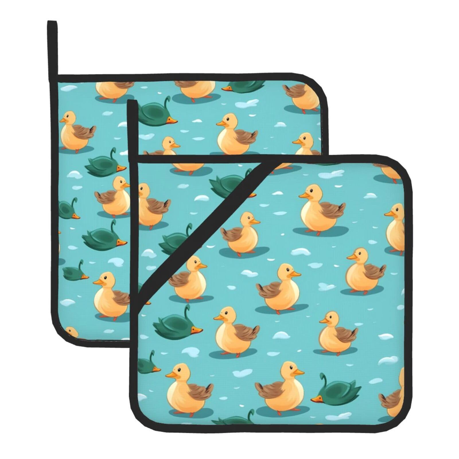 HJFCZH Cute Baby Ducks Printed Square Insulated Pot Mat Set (2-Piece) 8x8in Waterproof, Thickened & Easy to Clean with Lanyard Design for Kitchen, Oven & BBQ