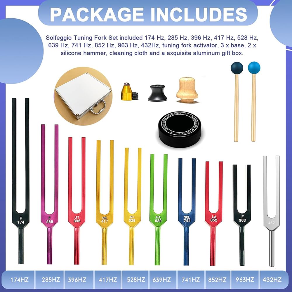 Stimmgabel Neurologie, 10er Set mit Sockel + 2 Silikonhämmer und Reinigungstücher, Ideale Stimmgabeln für Heilung, Chakrenheilung, Klangheilung, Anti-Kompression.