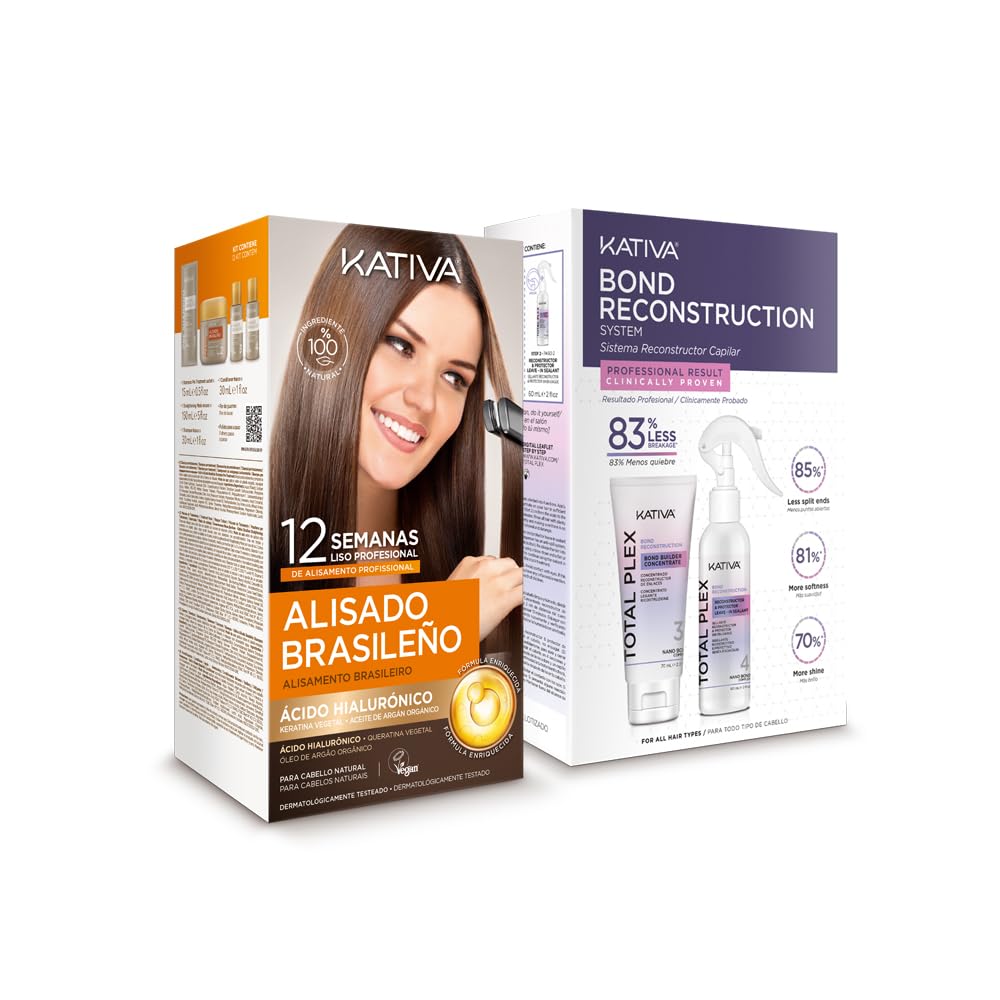 Kativa Kit Alisado Brasileño + Total Plex Bond Repair | Nueva fórmula con ácido hialurónico |Tratamiento Alisado Profesional en casa-Hasta 12 Semanas de duración-Alisado Keratina-Reconstructor capilar
