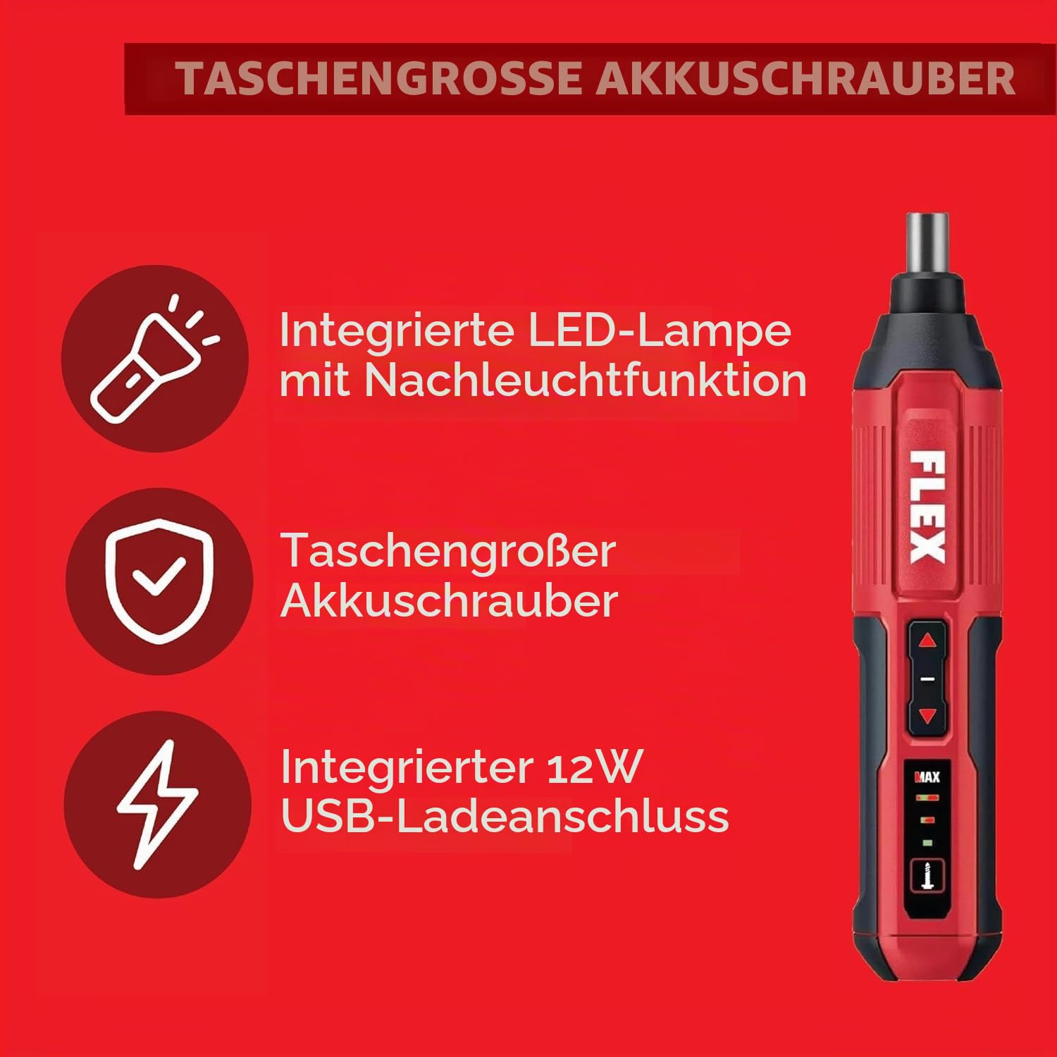 FLEX SD 5-320 4 Akku-USB-Schraubendreher, 4 V Elektroschrauber im Taschenformat mit 3 Drehmomentstufen, LED-Licht und USB-Aufladung