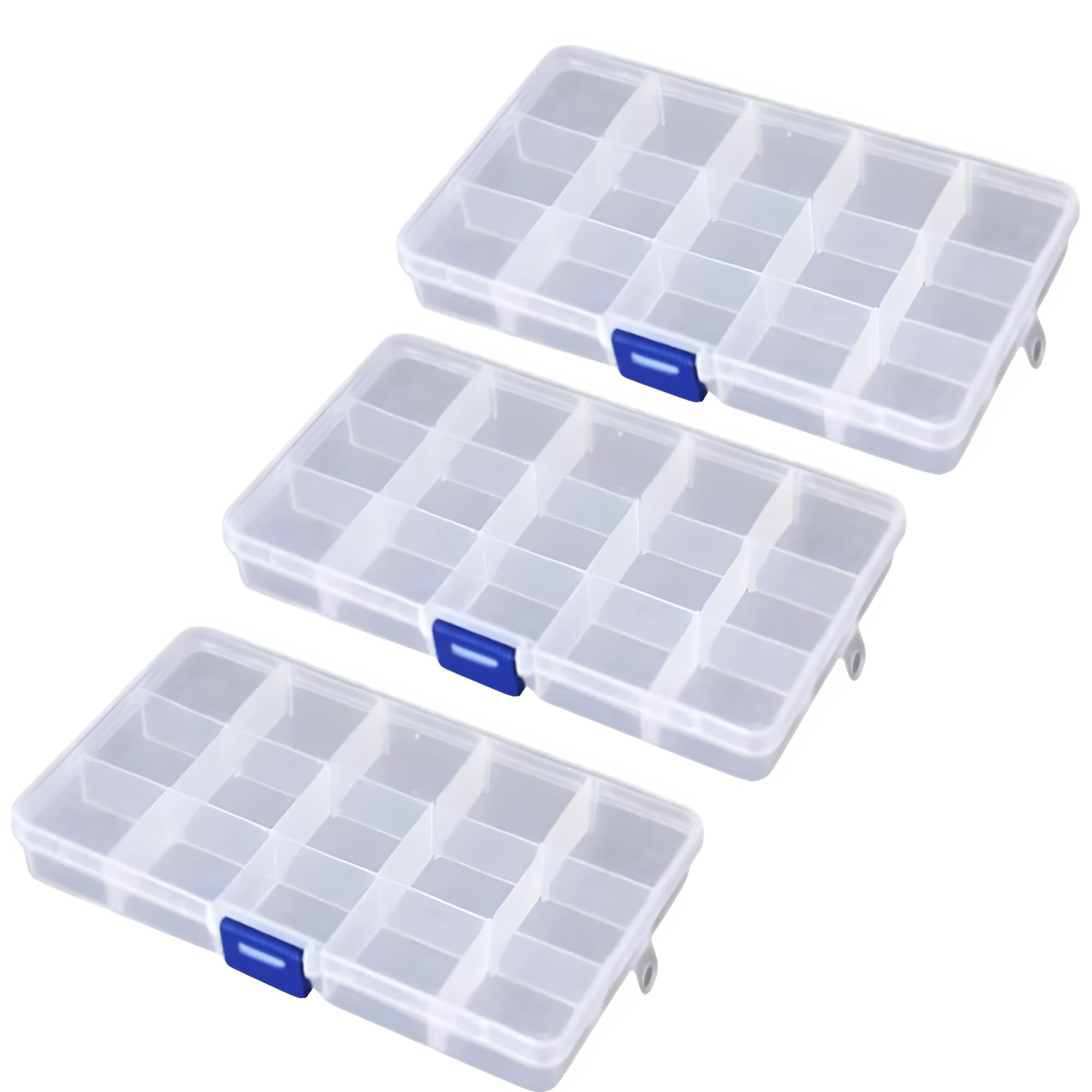 ReTaaj 3 Pack 15 Grids Plastic Storage Organiser Jewelry Nail Art Beads Craft Cell Clear Compartment Small Screws Box with Removable Divider