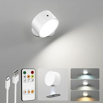 LED Wall Sconces, Rechargeable Wall Lights, White, 1 Pack | Cordless Design, 3 Color Temperatures, Dimmable, Remote & Touch Control, 360 Rotation, Bedroom & Living Room