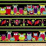 Happy Owl-O-Ween Parliament Of Owls Border Stripe Bat Black, Fabric by the Yard
