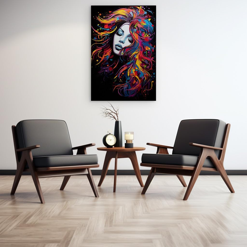 Canvas for Living room. Dreamy Hues Cascade in Surreal Serenity: The Enigmatic Woman with the Waterfall of Multicolored Hair, 27 x 18 inch Canvas Wall Art - Modern Home Decor