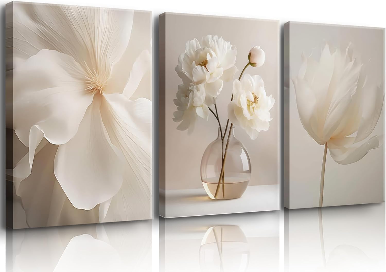 Lianyibo Frameless White Peony Wall Art Beige Floral Wall Decor Neutral Modern Aesthetic Poster Canvas Prints Perfect Living Room Decor(40X60x3/Frameless)