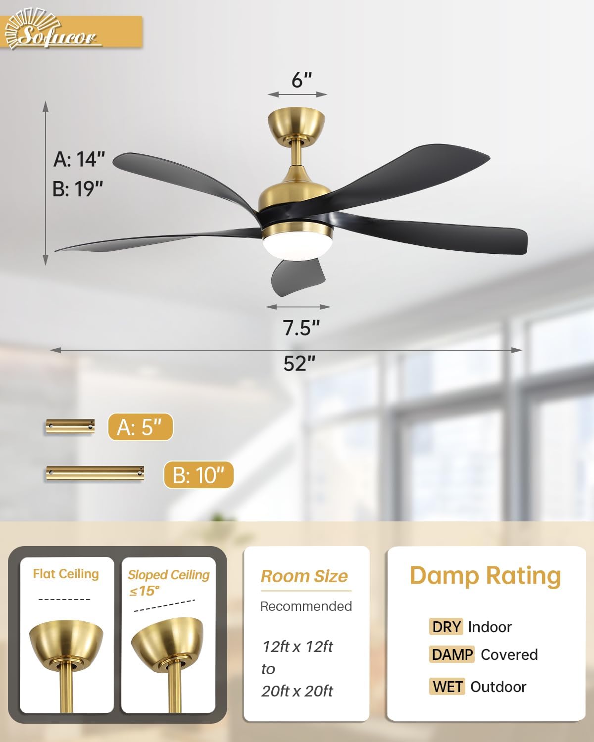 Sofucor 52 Inch Ceiling Fans with Lights and Remote, Outdoor Ceiling Fan with Light 6-Speed 3 CCT 3-Timer, Black Low Profile Ceiling Fan 5 Blade Reversible DC Motor for Living Room Bedroom Patio