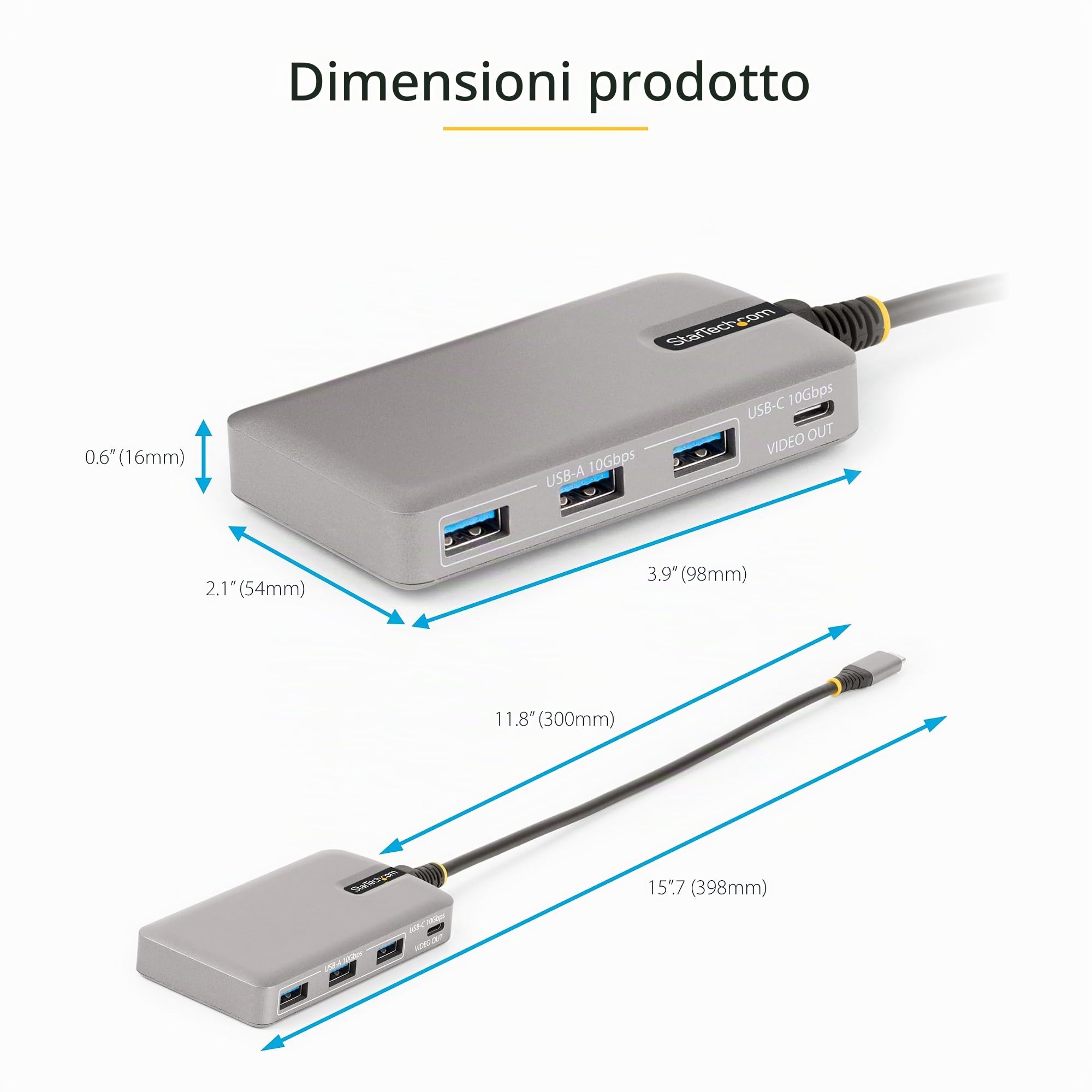 StarTech Hub USB-C 4 Porte 10Gbps, DP Alt Mode 4K 60Hz, PD 100W, 3x USB-A | Hub Portatile per Laptop, Uscita Video
