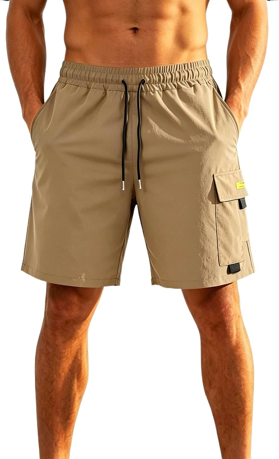 Men's Quick Dry Cargo Shorts Elastic Waist Drawstring Multi-Pocket Beach Shorts for Hiking and Casual Wear