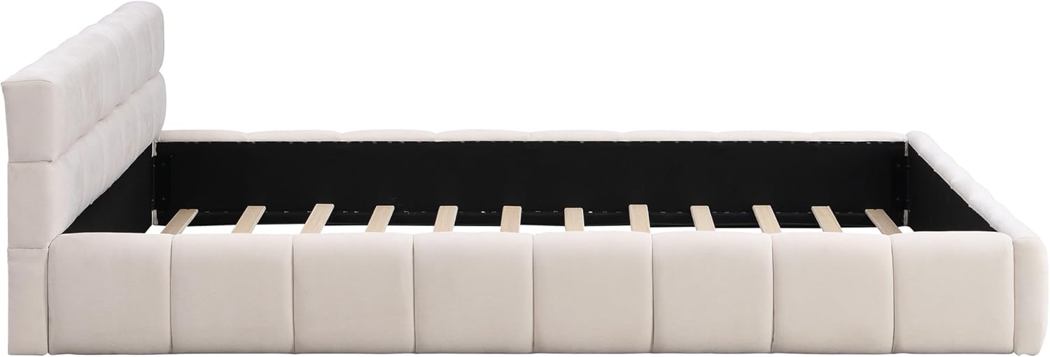 Queen Size Platform Bed with Checkerboard Headboard, Modern Upholstered Bed Frame, Soft Beige Chenille Fabric, No Box Spring Needed (Queen)
