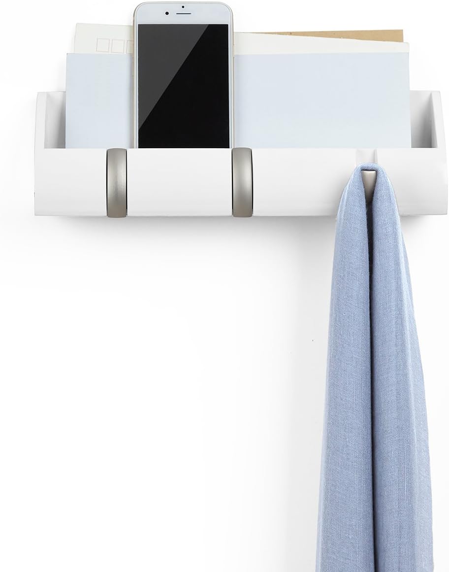 Umbra Cubby Mini Organizer – with Hooks and Compartment, Great for Holding Keys, Phone, Chargers, Mail, and Oher Goods, Compact Storage, White 12-1/2 by 3-1/2 by 3 1/4"