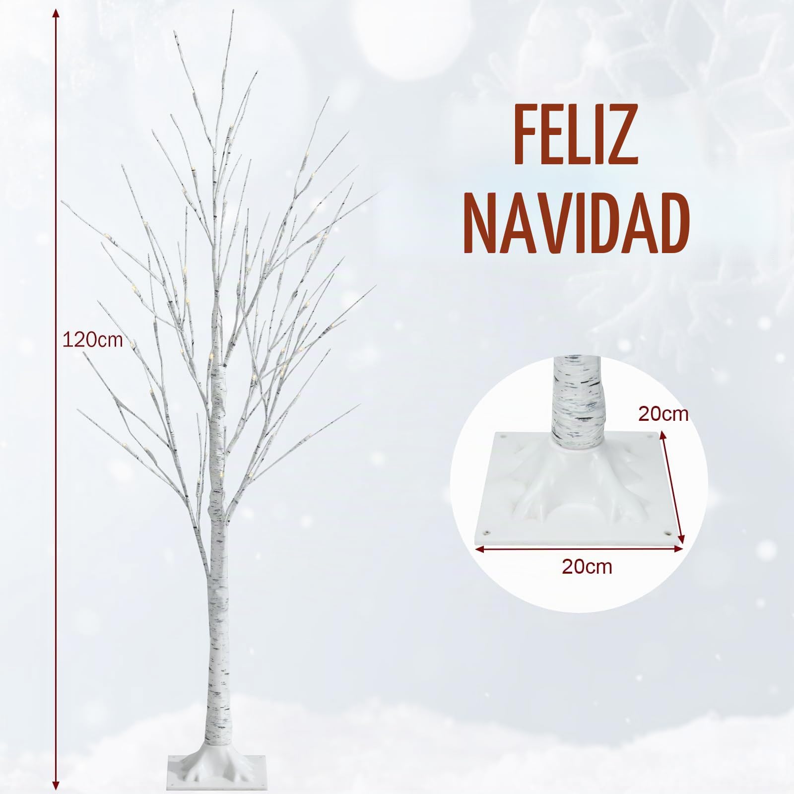 GYMAX Árbol de Navidad 120/150/180 cm, Abedul Iluminado con 48/72/96 Luces LED Blanco Cálido, Árbol de Navidad de PVC, Decoración Brillante para Navidad, Hogar (120 cm)