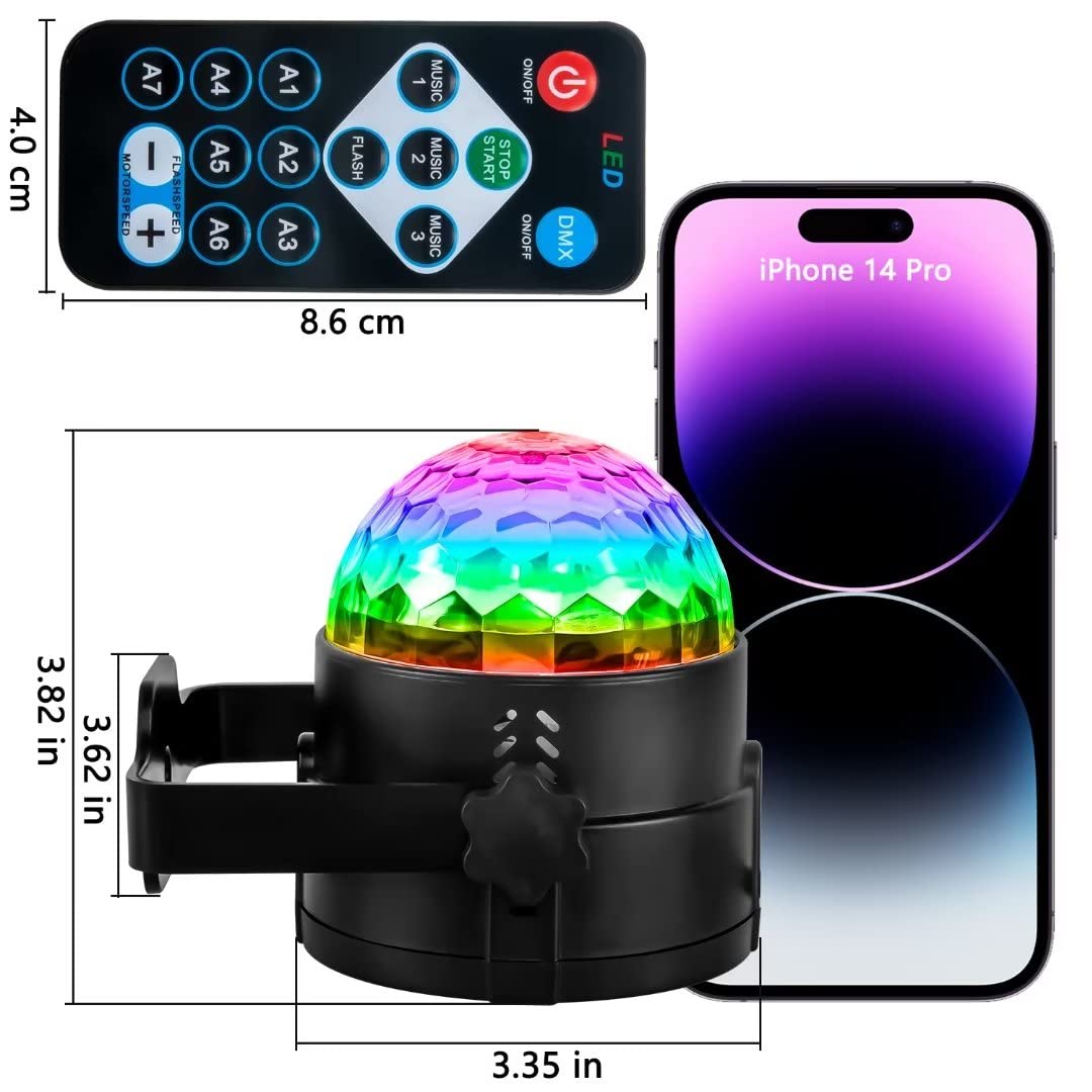Sfera da discoteca, 2 pezzi, controllata dalla musica, luci per feste, 360°, rotanti, luci per palcoscenico, luce per effetto DJ stroboscopio con telecomando per Natale, Halloween, compleanni, club