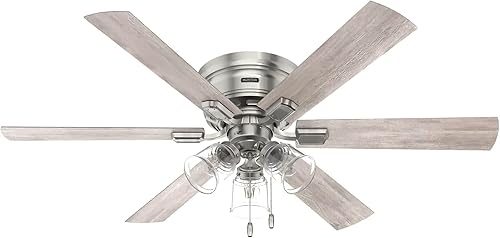 Hunter Fan Ventilador de techo interior de perfil bajo con acabado de níquel cepillado de 52 pulgadas con kit de luz LED y cadena de tracción