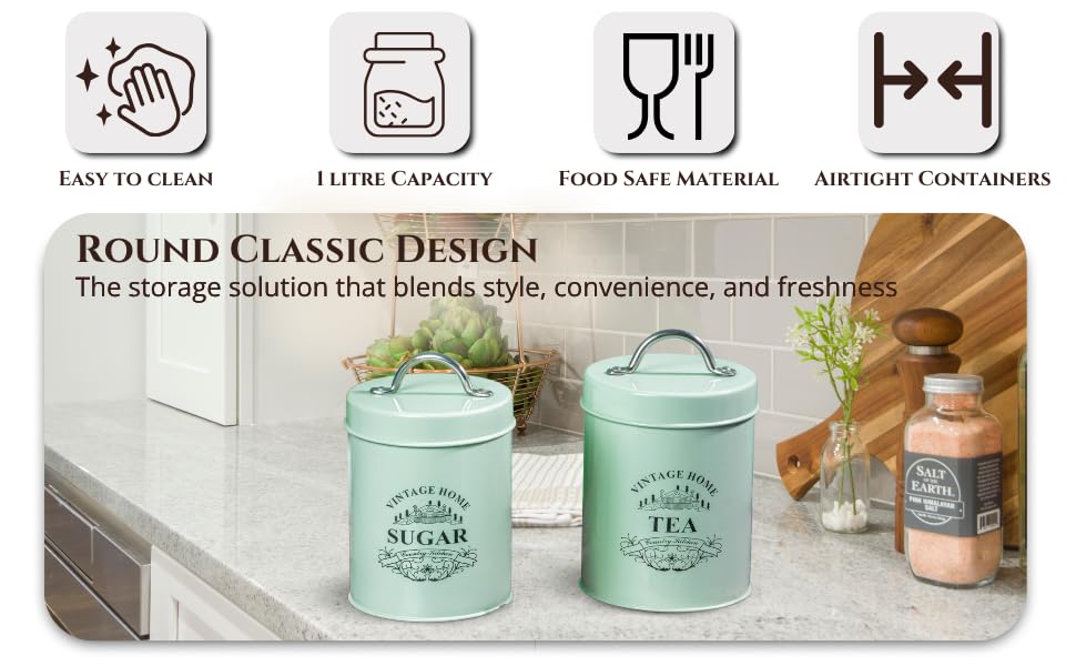 Image of Metallure Home Round Classic Tea Sugar Container Set of 2 | Metal Container for Kitchen Storage | Airtight Jar Set | Food-Safe Tea Jars for Kitchen (Light Green)