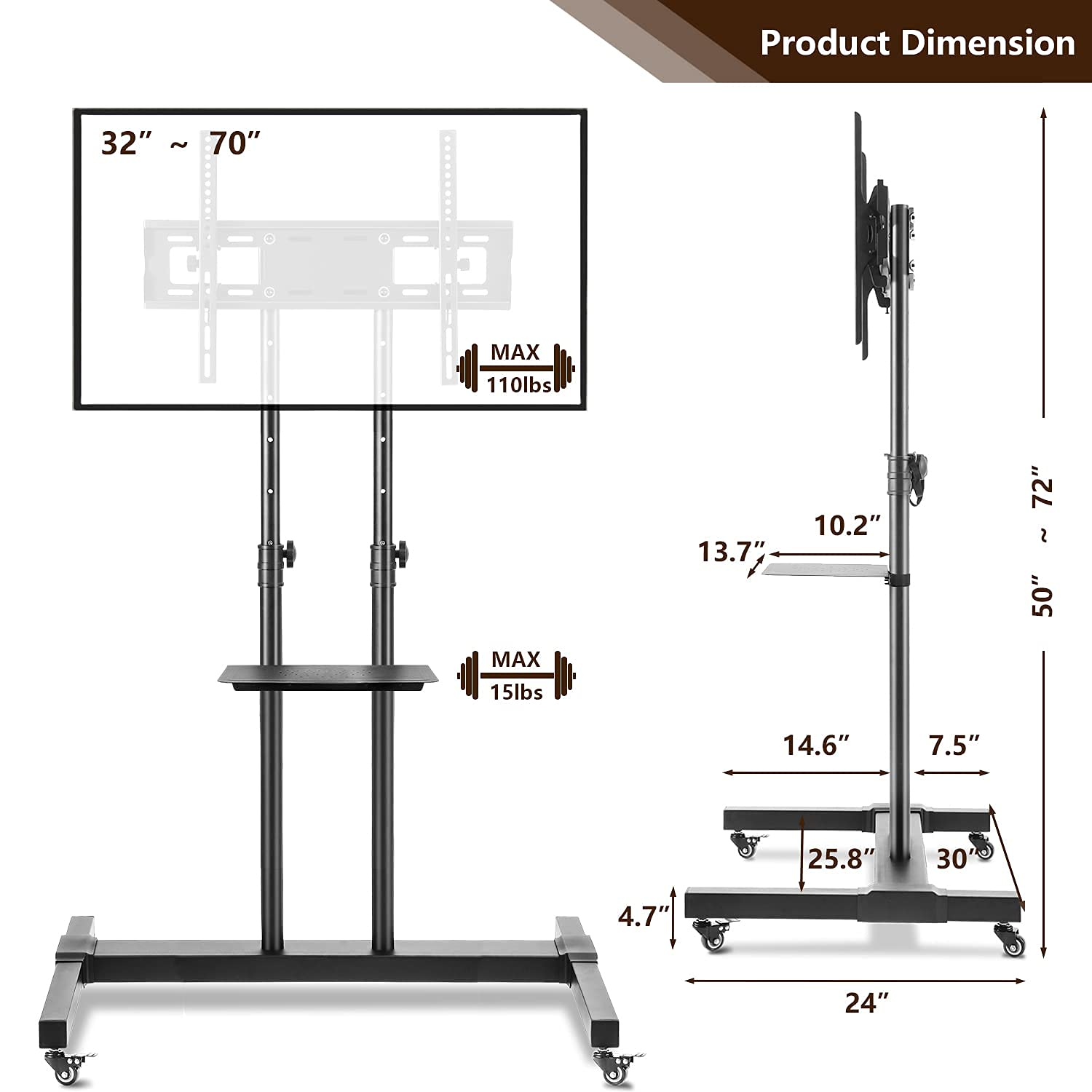 TAVR Mobile TV Stand Rolling TV Cart Floor Stand with Mount on Lockable