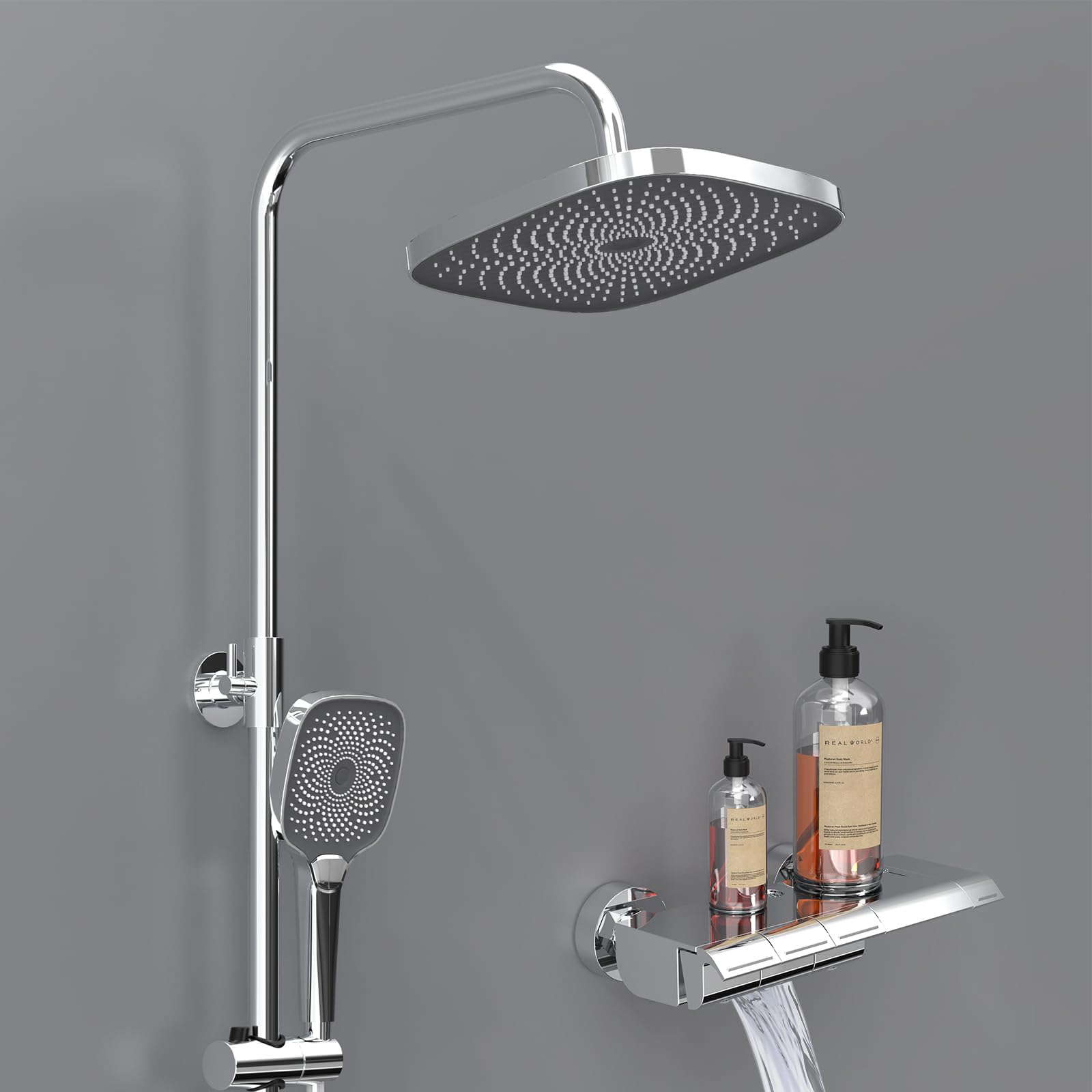 EMKE Sistema de Ducha con Termostato, Conjunto de Ducha con Columna de Ducha, Cabezal de Ducha de Mano con 3 Chorros, Ducha de Lluvia, Sistema de Ducha Cromado
