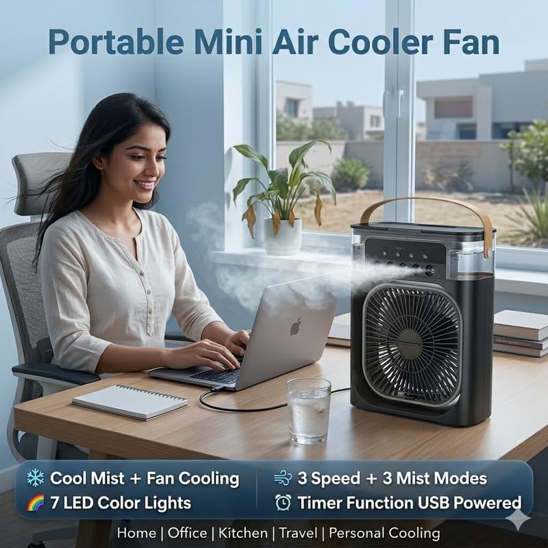 Image of (10 Years Assured Warranty) Mini Desk Air Cooler Fan Portable USB Powered with LED Lighting Mist Spray and Adjustable Speed Settings for Personal Cooling