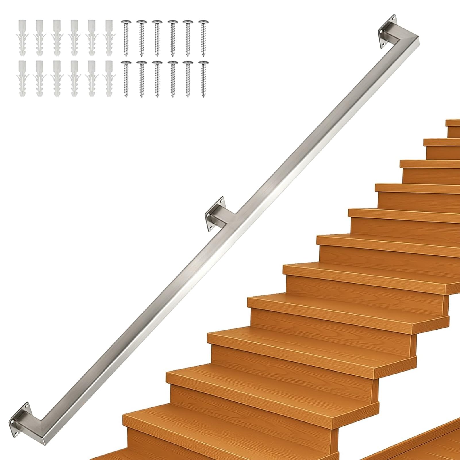 Drsyffsup Square Stainless Steel Handrails for Stairs - 30-600cm Select Your Length - Stair Railings Safety Hand Rail Support Rod, Outdoor Indoor Grab Bar Kit(17ft/5.1m)