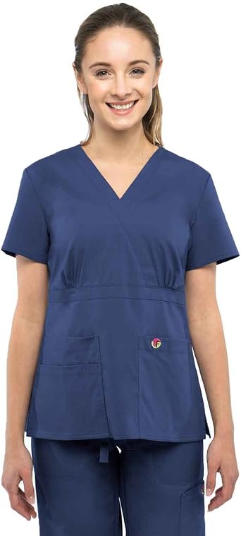 Premium Women Scrubs Strechy 3-Pockets Slim Waist V-Neck Medical Scrub Top Navy Blue XL