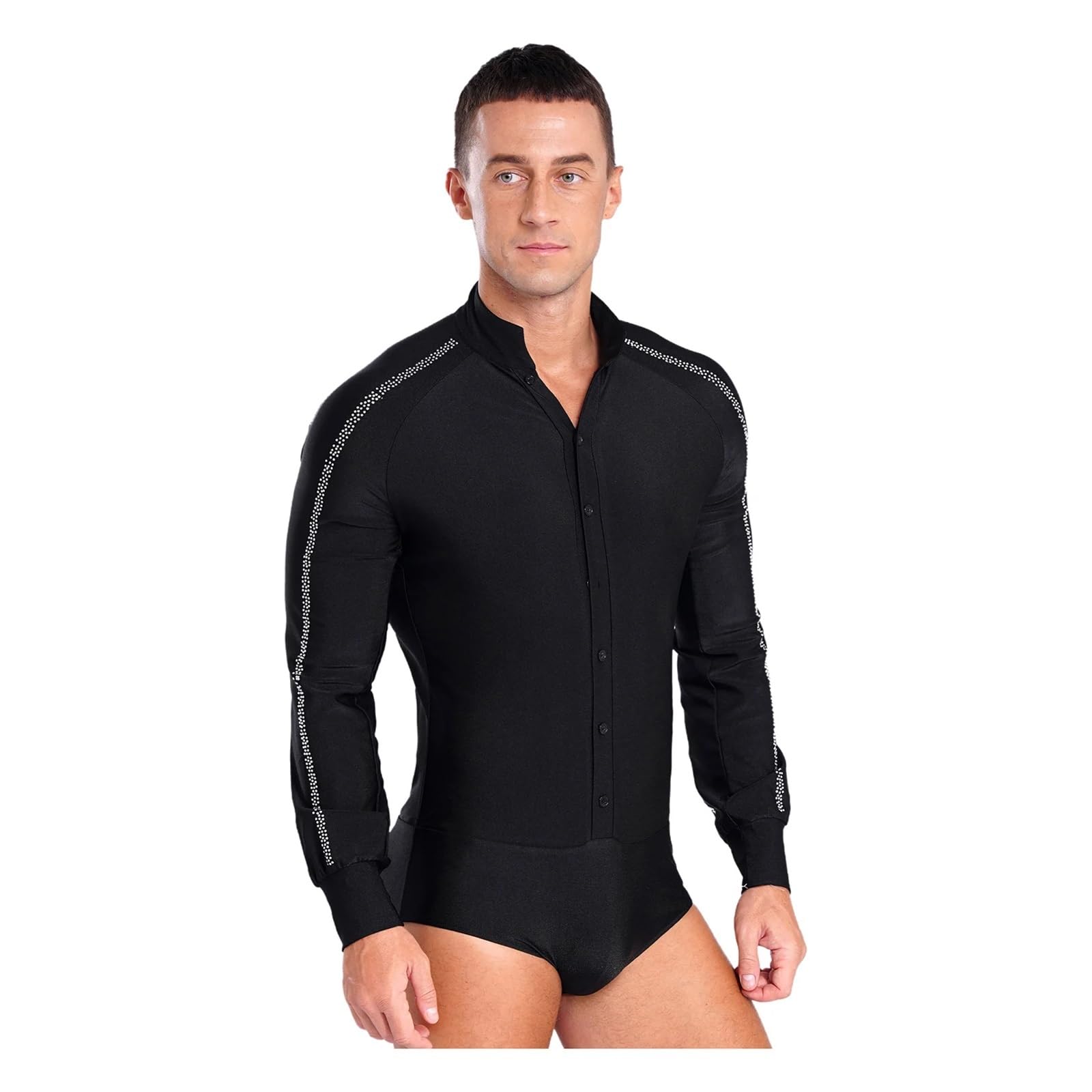 Maillot de Danza para Hombres Traje de competición de Ballet Latino for Hombre, Manga raglán, Cuello Alto, Botones y Brillantes Diamantes de imitación(Black,L)