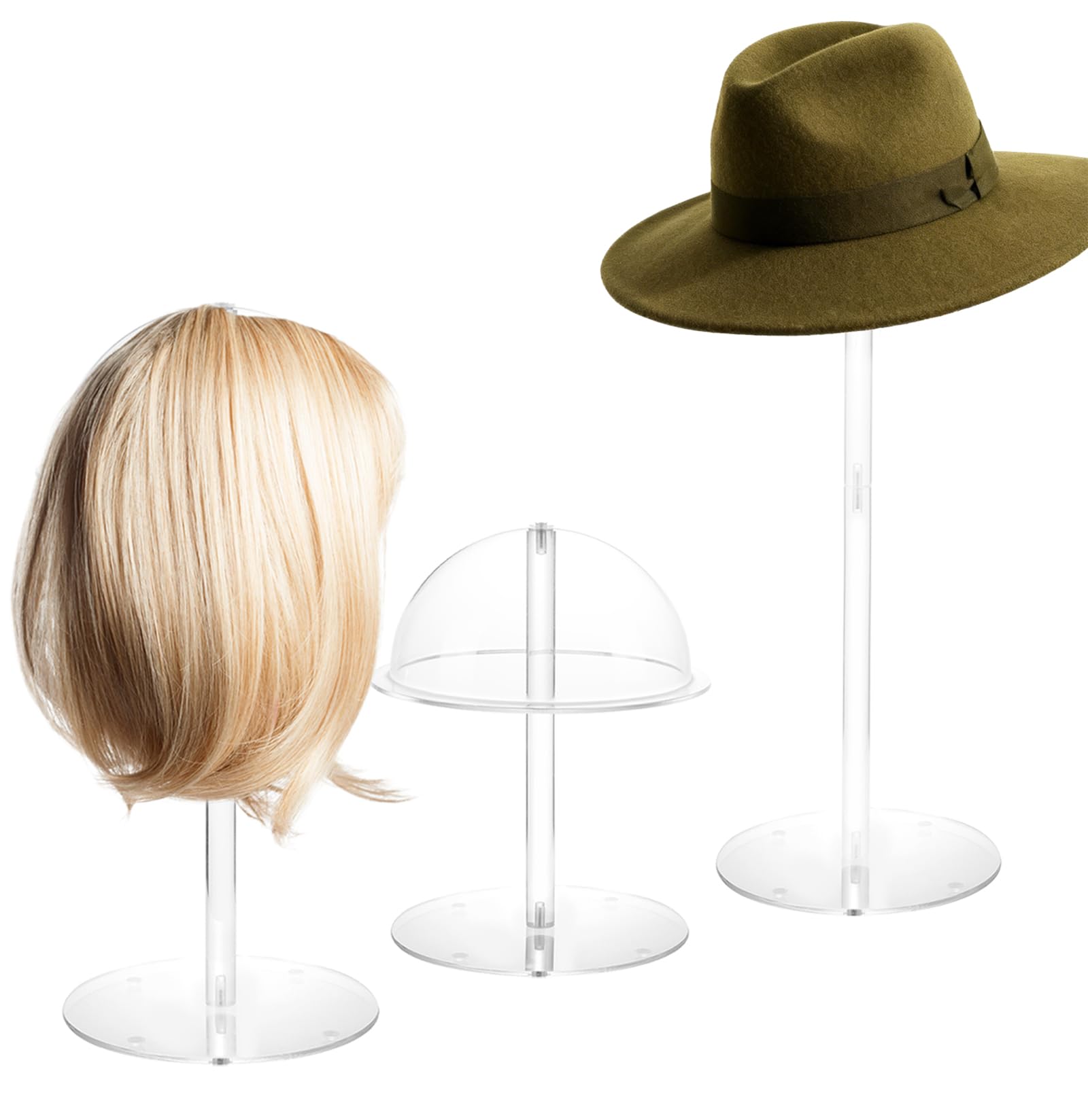 SHUNKAIZS Acrylic Hat Stands for Display, 3 Sets 8" 13" 16" Adjustable Height Baseball Cap Holder, Durable Cowboy Hat Rack Stand, Wig Holder Display Stands for Vendors Retail Salons Home Closet