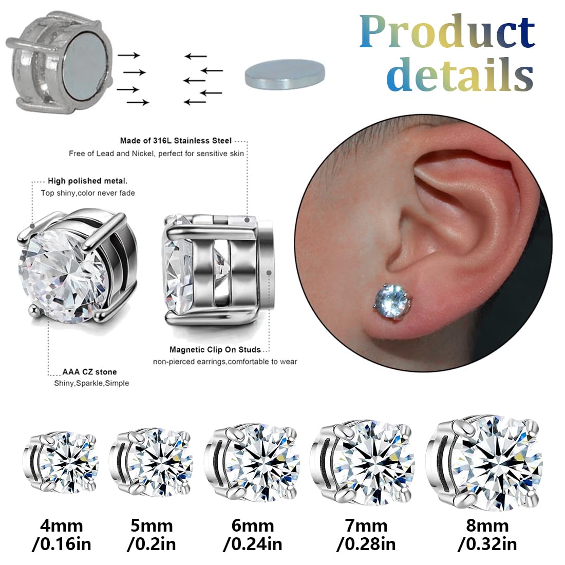5 Paia Orecchini Magnetici,Orecchini Magnetici Uomo Donna,Clip Auricolari Finti Uomo,Orecchino Magnetico In Acciaio Inossidabile Non-Piercing Calamita Finti Orecchino Set 4/5/6/7/8mm