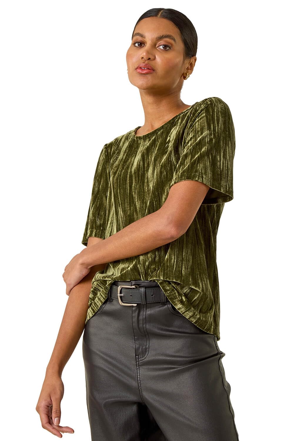 Roman Women's Green Pleated Velvet Stretch Top In Size 10