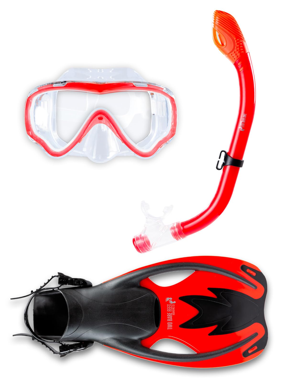 Two Bare Feet Junior SILICONE Mask, DRY TOP Snorkel & Fins 3PC Kids Diving Set (Red, S/M C9-C13)