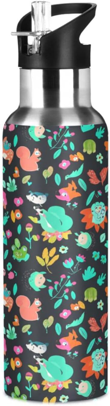 Playful Woodland Animals – Botella de agua aislada colorida de 32 onzas, sin BPA, con popote a prueba de fugas