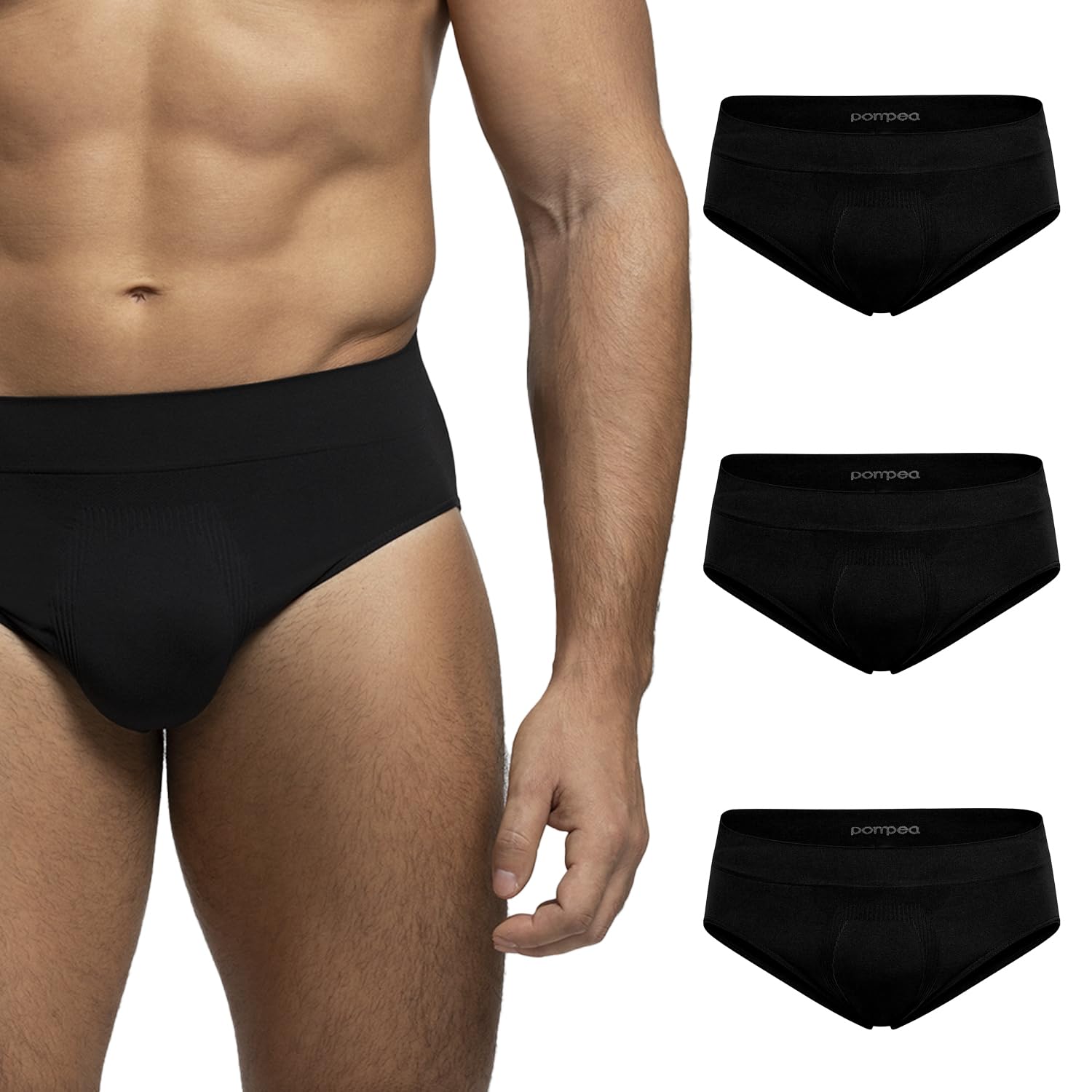 POMPEA Men's U Seamless Briefs (Pack of 3), Black, L-XL