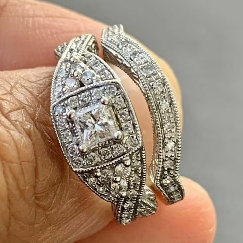2 Ct Princess Diamond 1890s Vintage Style Milgrain Victorian Engagement Ring For Women 14K White Gold Finish Filigree Wedding Band 925 Sterling Silver Handmade Antique Bridal Set Jewelry