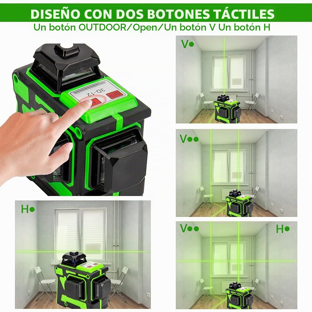 Nivel Laser Autonivelante Nivel Laser 360° Laser Verde 3D Nivelador Láser 2 Batería Recargable Horizontales Verticales Laser Potente Herramienta De Nivelación (12 líneas)