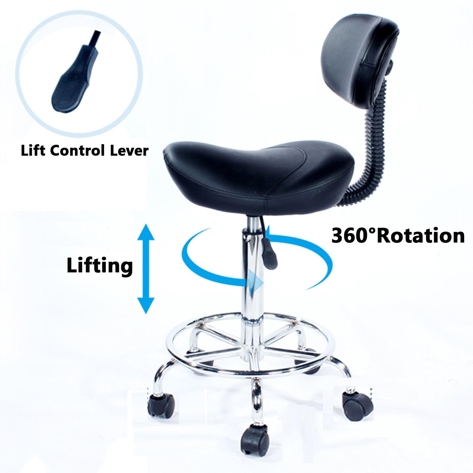 Taburete con respaldo ajustable y ruedas, silla ergonómica giratoria de 360 grados para salón, peluquería, oficina, hogar